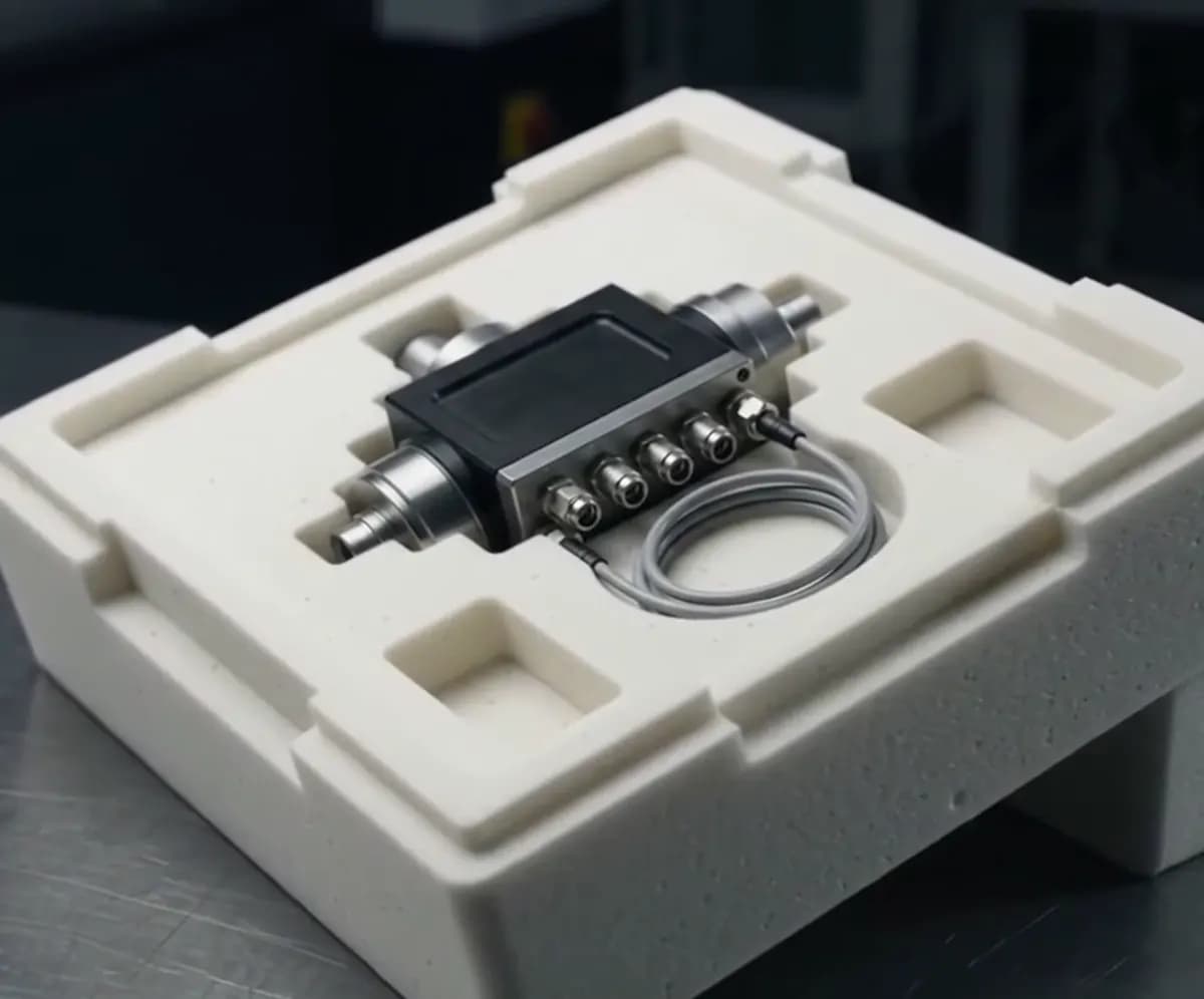 Component resting in a snug PU foam cavity that keeps its finished surfaces from contact damage