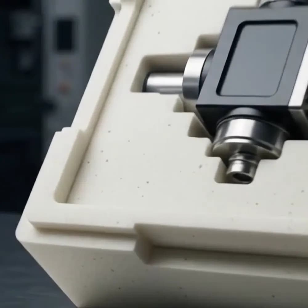 Precision-engineered metal component held firmly in a PU foam packaging insert standing upright