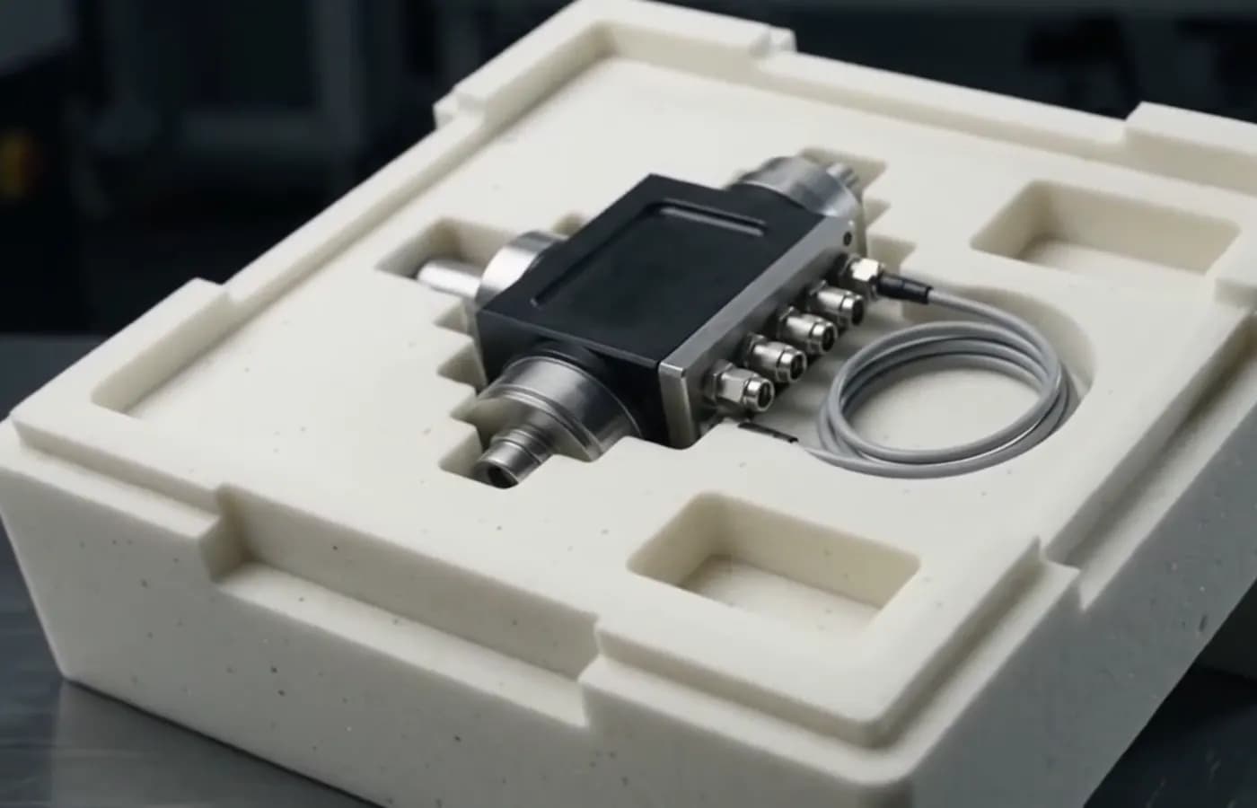 Two-part customized PU foam packaging insert with product cavity and accessory pockets