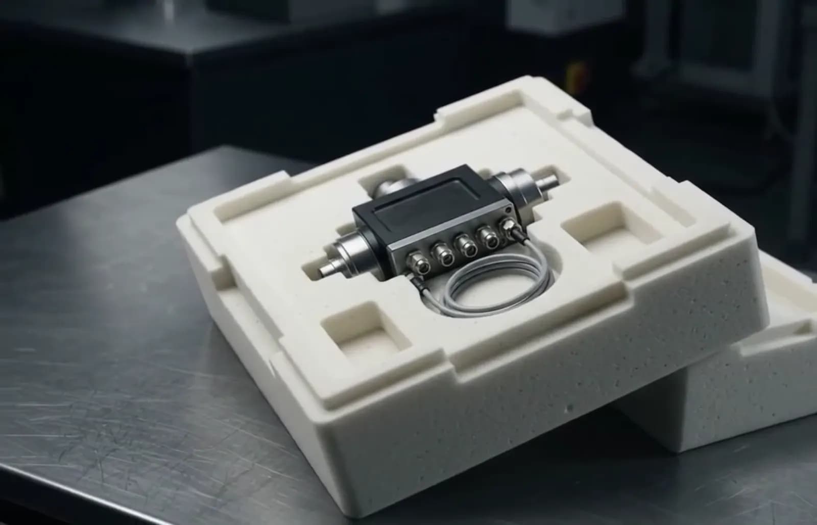 Precision industrial component secured in a customized off-white PU foam packaging insert